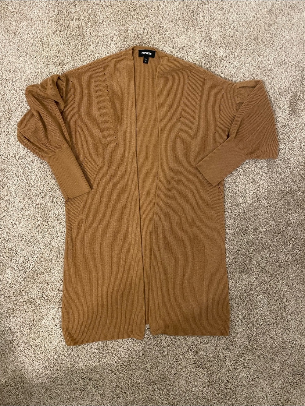 Express Long Open-Front Cardigan in Camel Brown
